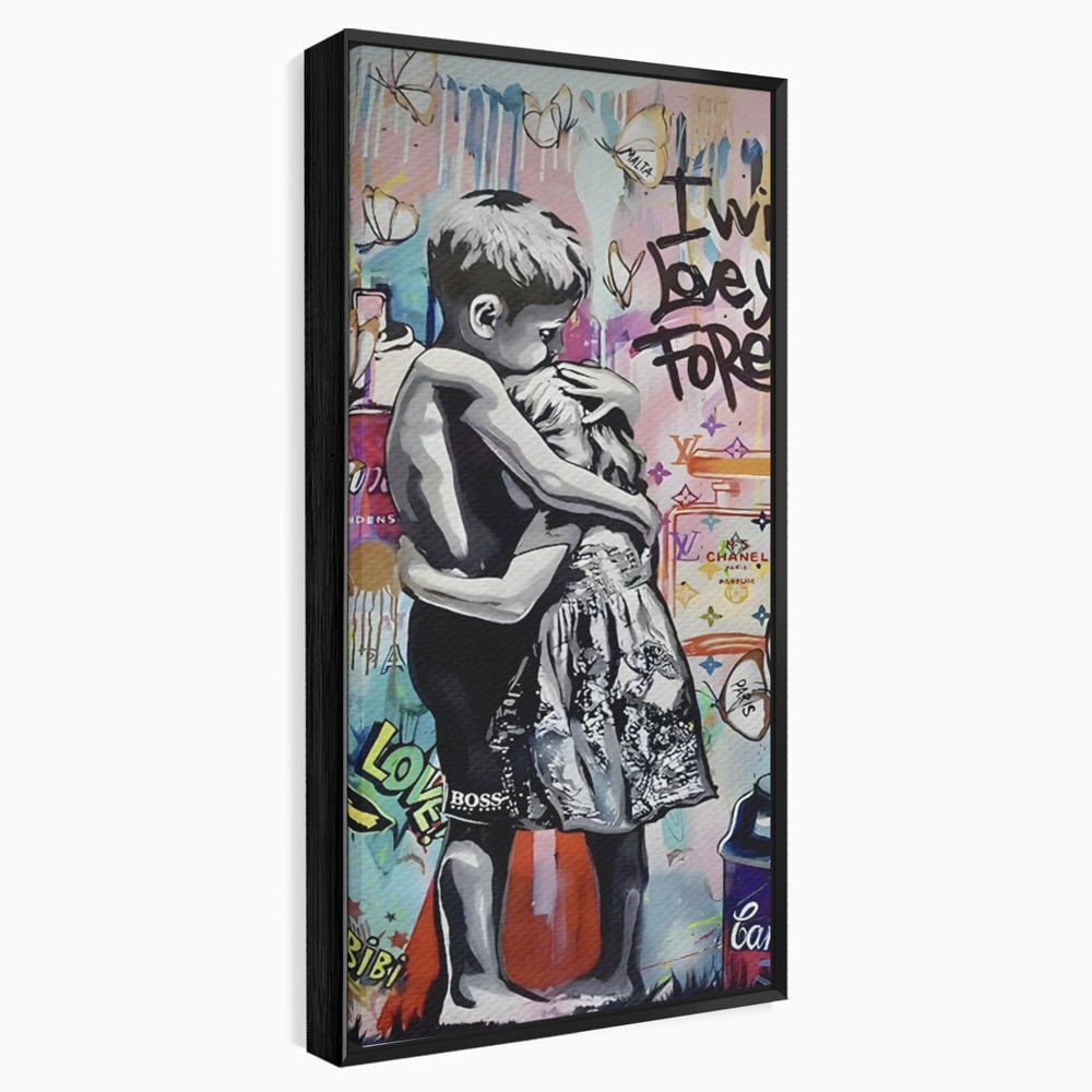 Tablou canvas cu tablou canvas cu doi copii imbratisati, in rama de aluminiu negru